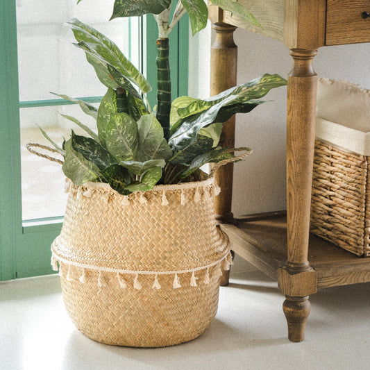Beige Seagrass Wicker Planter With Tassels