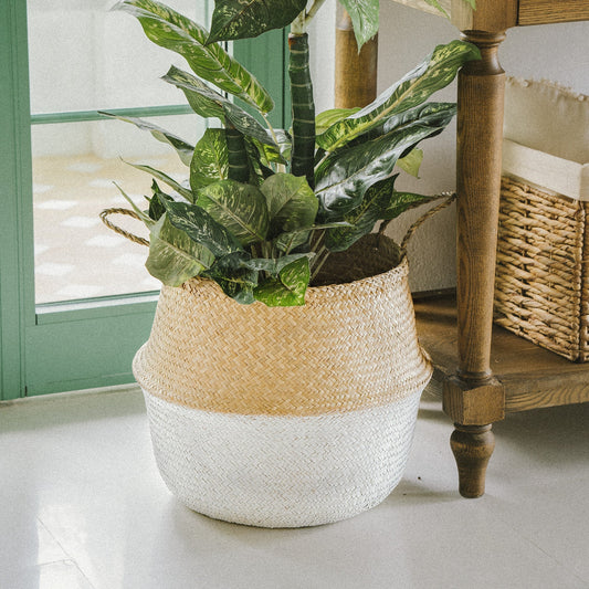 Beige and White Seagrass Wicker Planter Basket