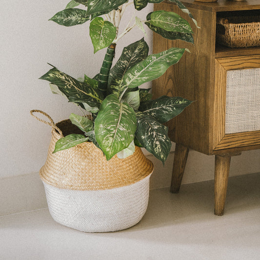 Beige and White Seagrass Wicker Planter Basket